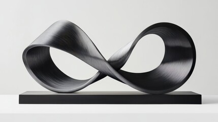 An abstract polished aluminum sculpture featuring a continuous brushed infinity symbol form displayed on a dark base against a white background