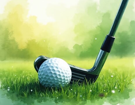 White dimpled golf ball sits on green grass with club poised for precise shot. Artistic watercolor painted background offers ample copy space for text. Summer sport activity game promotes active