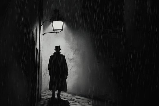 A moody mysterious figure in a trench coat stands beneath a flickering street lamp on a rain-drenched alley.