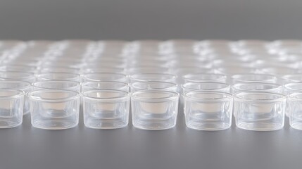 Array of clear plastic vials arranged in rows for laboratory samples and testing