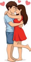 Romantic young couple hugging and touching foreheads in a loving pose. The woman is wearing a red dress and the man is in casual clothes. Cute cartoon style vector illustration, isolated on white back