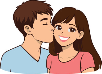 Close up illustration of a happy young couple in love kissing. Romantic relationship concept, cartoon style vector illustration isolated on white background.