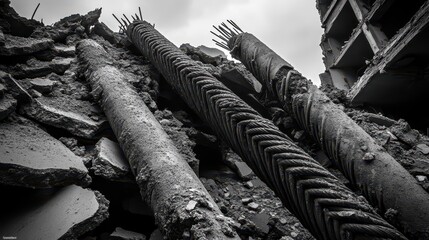 Twisted steel rebar protruding from broken concrete piles in black and white