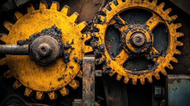 Close up of interlocking yellow metallic gears seized with industrial grime and rust