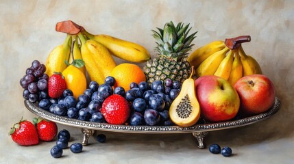 Assortment of exotic fruits artfully arranged on a silver plate