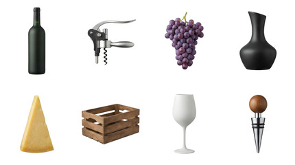 Fototapeta premium Wine tasting set including bottle, lever corkscrew, grapes, decanter, cheese, crate, glass, and stopper isolated. Sommelier and vineyard collection.