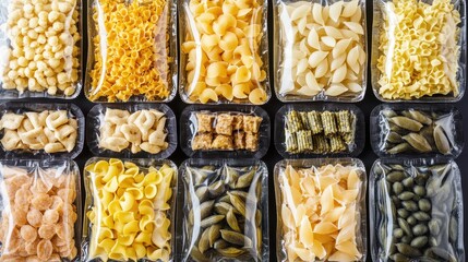 Assortment of vacuum sealed dried pasta varieties for emergency food rations and storage