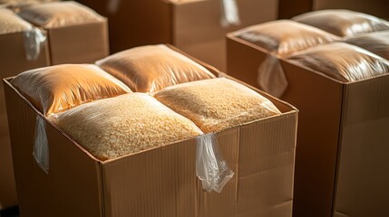 Boxes of bulk rice packaged in plastic bags ready for storage and distribution