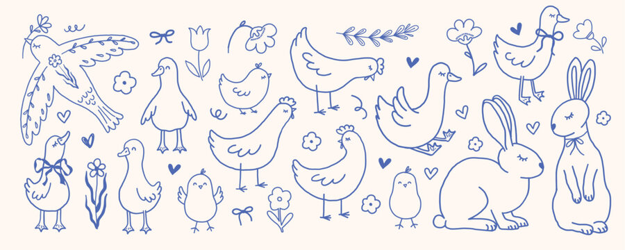 Doodle hand drawn animals and birds in line art style. Whimsical rabbits, geese, hens, chicks, flowers and bows. Monochrome blue vector illustration