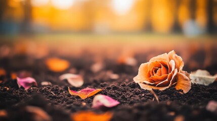 Wilted orange rose and fallen petals scattered on dark soil in autumn sunlight