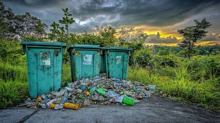 Naklejka premium Overflowing green industrial waste bins with accumulated trash spilling onto the ground in an overgrown outdoor scene at sunset