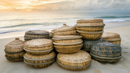 Woven reed baskets of varying sizes stacked on a beach with the ocean and sky in the background