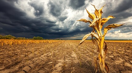 Withered corn stalks stand in a cracked dry farm field under a dark stormy sky