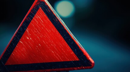 Close up of a bright red triangular hazard warning sign with a black border against a blurred dark background