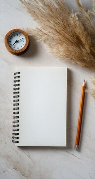 A flat lay showcases a notepad with a spiral binding, a wooden clock, a pencil, and dried grass on a marble surface