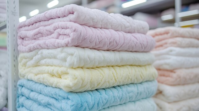 Neatly stacked clean folded blankets in pastel colors showcasing soft texture and layers