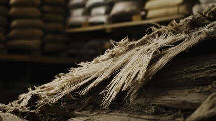 Close up of frayed industrial nylon strapping showing its rough fibers and textured surface in a storage setting