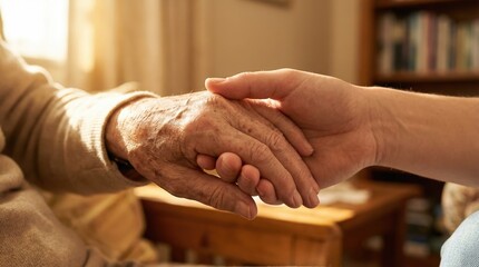 Young caring hands gently holding elderly wrinkled hands in warm indoor light, symbolizing compassion, support, and intergenerational bond.