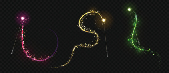 Magic wand with fairy sparks. 3D realistic fantasy magician wizard spell stick with glowing color light wavy trail, glittery mystic rod. Vector isolated set © Frogella.stock