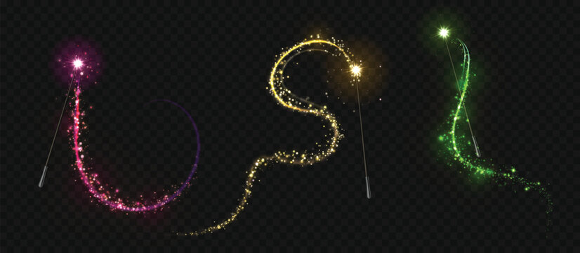 Magic wand with fairy sparks. 3D realistic fantasy magician wizard spell stick with glowing color light wavy trail, glittery mystic rod. Vector isolated set