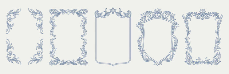 Obraz premium Whimsical baroque or rococo frames and renaissance borders. Vertical shapes with vintage victorian elegance decorated with whimsy lines and squiggles perfect for wedding invitation cards, scrapbooking