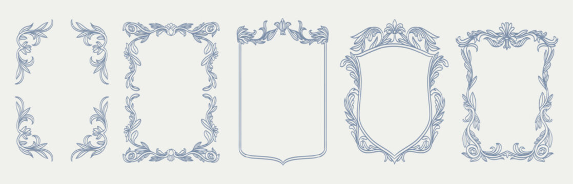 Whimsical baroque or rococo frames and renaissance borders. Vertical shapes with vintage victorian elegance decorated with whimsy lines and squiggles perfect for wedding invitation cards, scrapbooking