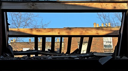 Collapsed wooden rooftop sections revealing weathered brick buildings and bare trees against a clear blue sky