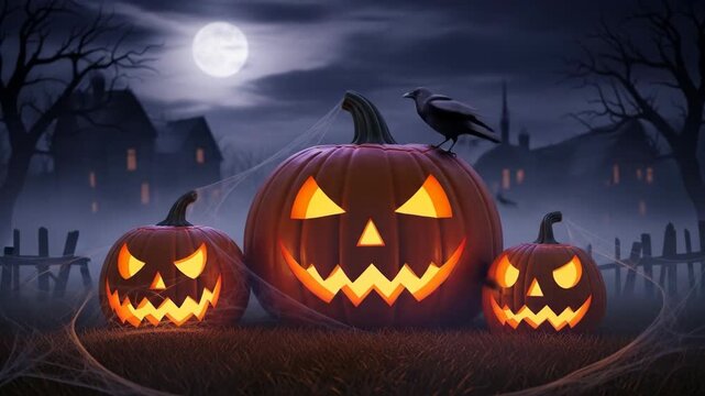 Three glowing carved pumpkins sitting in spooky yard with a full moon and raven on Halloween night, eerie scene footage.