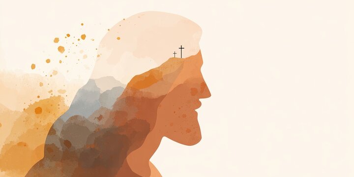 Silhouette of a man with mountains and crosses inside for a religious concept. Christianity and Easter theme art for spiritual design.