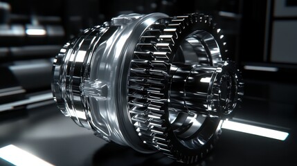 Fototapeta premium Precision engineered metallic gears meshing smoothly in a complex mechanical system