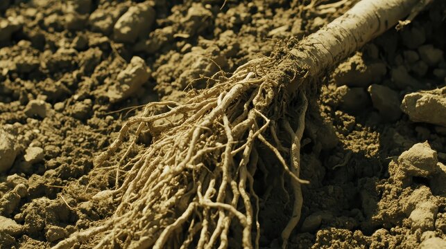 Exposed dry rootlets of a resilient plant gripping the soil and earth with intricate fibrous structures visible in natural detail