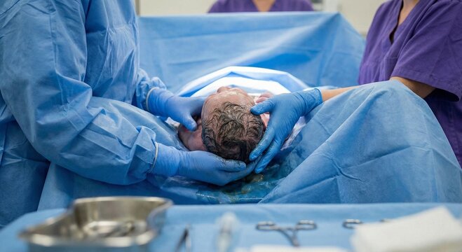 Medical Hands Assisting Vaginal Delivery of Newborn.