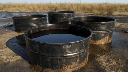 Fototapeta premium Several large weathered metal buckets holding dark liquid outdoors in a dry grassy field under a wide sky