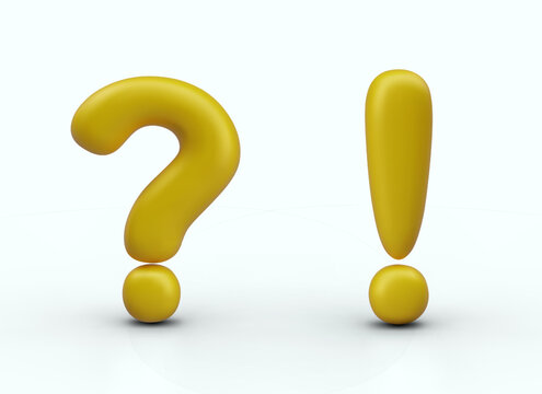 Set of 3D punctuation marks on white background. Yellow question and exclamation mark. Vector isolated elements for building sentences. Communication symbols