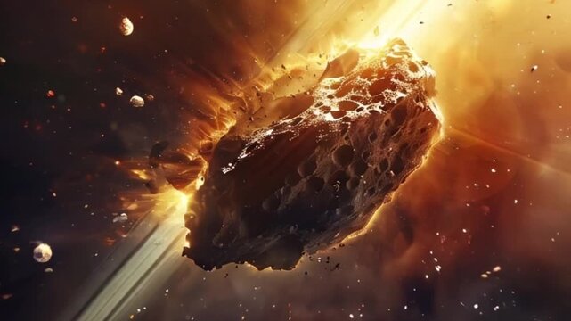 Meteorite plunges through the vastness of space against a backdrop of distant stars and cosmic colors