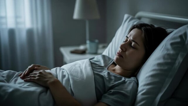 Woman suffering from insomnia and difficulty sleeping at night in her bed, feeling ill and restless footage.