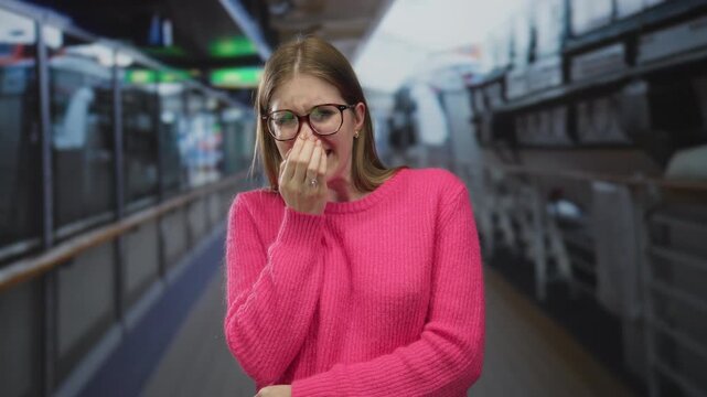 Young blonde woman in pink sweater pinched nose and grimaced reacting to odor across railings on boat deck; disgust.