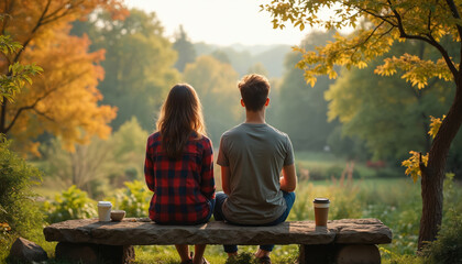 Young couple rests on stone bench in park. They drink coffee, look at autumn trees. Couple enjoys peaceful nature, fall colors together in backyard.