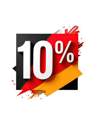Striking graphic design featuring a bold 10% discount percentage against a black background with abstract color splashes.