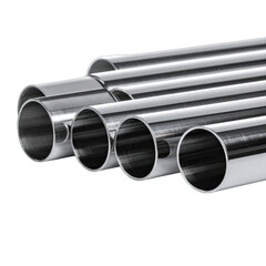 A close-up view of several shiny, chrome-plated metal pipes stacked against a black background.
