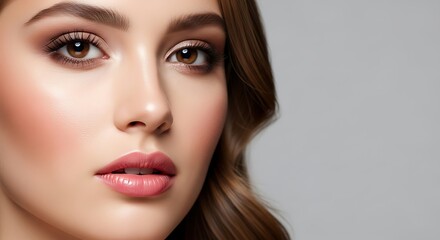 Fototapeta premium Close-up portrait of a beautiful young woman with natural makeup and long brown hair.