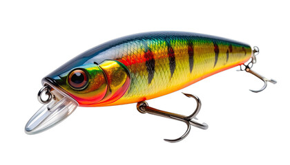 Close-up of a brightly colored, realistic hard plastic fishing lure against a black background.