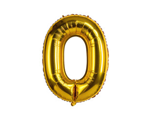 A shiny gold number zero foil balloon isolated on a solid black background.