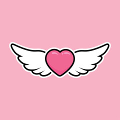 Pink heart with white wings. Set of cute love symbols. Heart tattoo. Pink and white color icons. Hearts for design. Love, romance vector icons. For gifts, Valentine's Day, birthday, party decor, cards