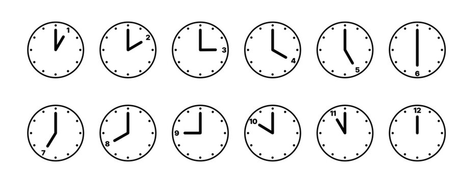 Time and clock icons. Analog clock, notifying each hour. Business watch. Speed time icon. Vector illustration