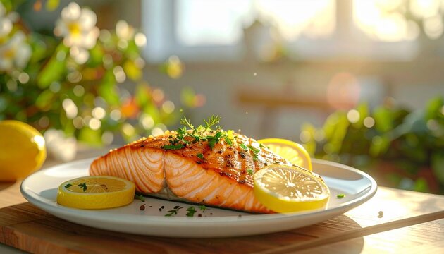 Grilled salmon steak served with herbs and lemon.