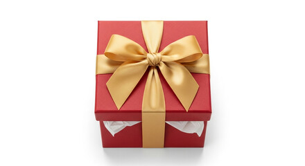 Fototapeta premium Red gift box with gold bow and white tissue paper inside