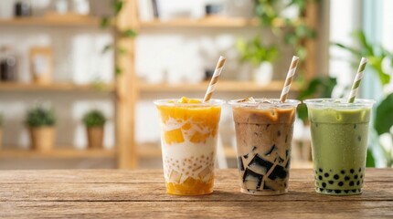 Three vibrant bubble tea drinks on a wooden table.