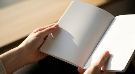 Close-Up Hands Holding Plain White Notebook Soft Natural Light Minimal Journal Writing Aesthetic No Text Stock Photo