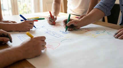 Collaborative drawing session with colorful markers on paper.